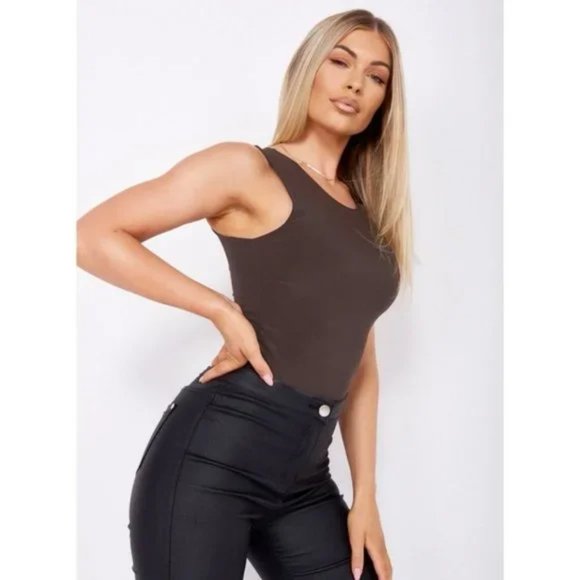 Brown Sleeveless Bodycon Bodysuit Top Leotard - Picture 8 of 10